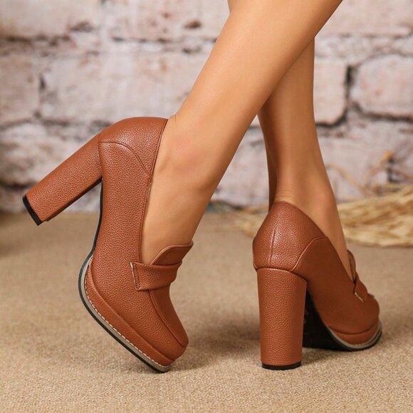 Brown Elegant Women's High Heel Square Toe Shoes - Picture 4 of 8